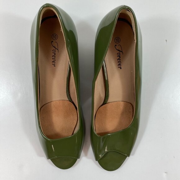 Forever Womens Olive Green Peep Toe Wedge Office Work Slip-On 2.5" Heel Size 10 - Picture 5 of 12